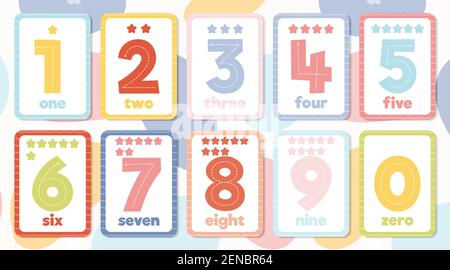 Print set of colourful educational flashcards for numbers 1-9 and 0. Stock Vector