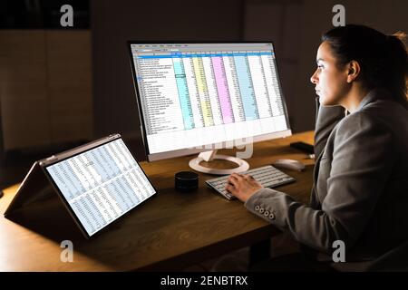 Woman Using Finance Spreadsheet Report On Laptop Screen Stock Photo