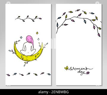 Two sides Womens day greeting card with hand drawn elements. Vector illustraion Stock Vector