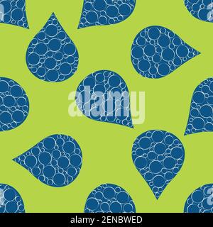Abstract water drop and bubble vector seamless pattern background. Navy blue and green backdrop with large rain drops containing small bubbles. Eco Stock Vector