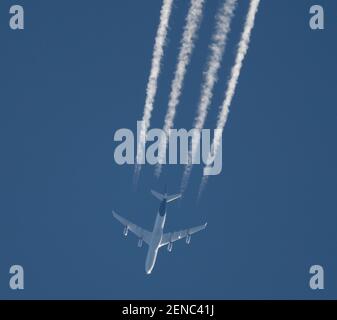 Wimbledon, London, UK. 26 February 2021. Lufthansa Airbus A340 flies over London at 38,000ft from New York en route to Frankfurt. Credit: Malcolm Park/Alamy Live News Stock Photo
