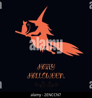 Funny magic silhouette of witch and cat flying on broom, orang color. Halloween cartoon illustration. Color page for adults and children october holid Stock Vector