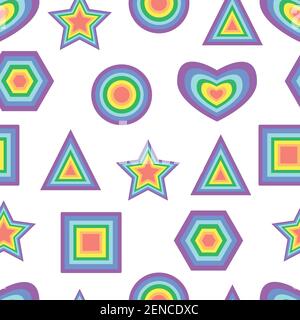 Rainbow pastel color abstract geometric figure seamless pattern. Vector psychedelic colorful decorative symbols -triangle, heart, polygon, square, cir Stock Vector