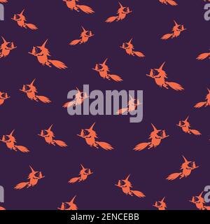 Silhouette of witch and cat flying on broom, Halloween seamless pattern. Funny cartoon background. Color page for adults and children october holiday Stock Vector