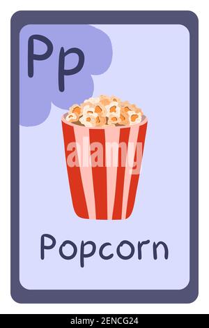 Colorful abc education flash card, Letter P - popcorn in bucket. Alphabet vector illustration with food, fruits and vegetables. School, study, learning concept. Stock Vector