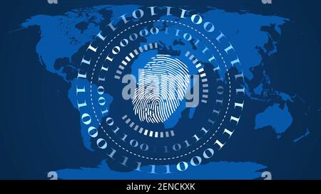 Abstract digital computer background - circles of binary code with Fingerprint logo in the center - blue world map background - 3D Illustration Stock Photo