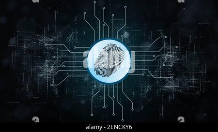 Fingerprint logo between information connecting lines - abstract background - security scanning identification system by biometric authorization Stock Photo