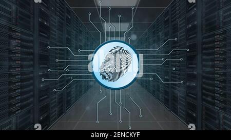Fingerprint logo between information connecting lines - data server room as background - security scanning identification by biometric authorization Stock Photo