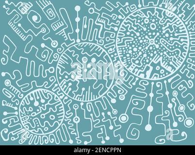 Abstract ornamental labyrinth, white outline on a ashen-blue background. Stylish card, graphic design. Vector hand drawn illustration. Stock Vector