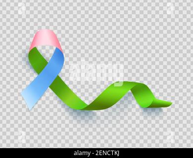 Symbol of rare disease, realistic pink, green, blue ribbon. Template for awareness day on 28 february over transparent background, vector illustration. Stock Vector