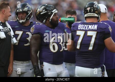 Baltimore Ravens OLB Mike Onuoha (63) participates in a practice at M&T  Bank Stadium in Baltimore, Maryland on July 27, 2019. Photo/ Mike Buscher /  Cal Sport Media/Sipa USA(Credit Image: © Mike