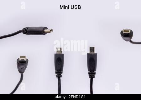 mini USB cable from different angles isolated against white background. Stock Photo