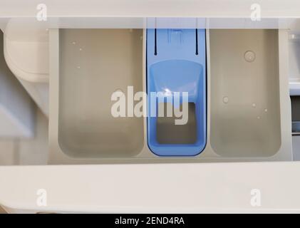 Empty washing machine container for loading powder close up view Stock Photo