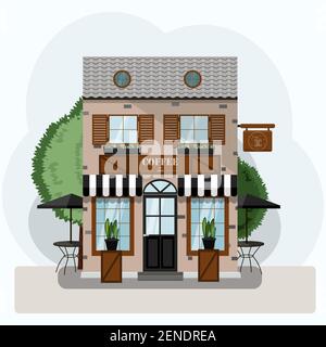 coffee house exterior vector illustration. Flat design of facade. Cafe building concept. Brick two-story restaurant in the European style. Illustratio Stock Vector