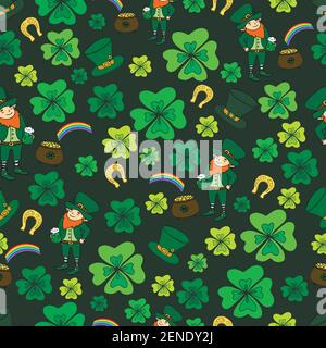 Seamless St. Patrick s Day. Green leprechaun, hat with clover,pot of gold and rainbow,clover, horseshoe, vintage decorative background. Hand drawn vec Stock Vector