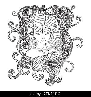 Surrealistic woman shaman, coloring page for children and adults. Vector hand drawn illustration doodle cartoon fairy tales graphic art . Mystic triba Stock Vector