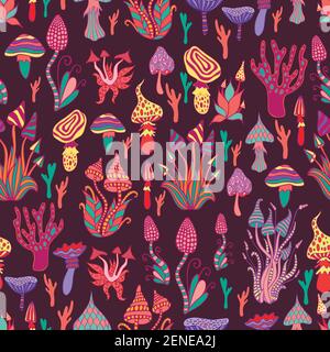 Hallucinogenic, decorative, fantastic mushrooms, each mushroom has its own pattern. Psychedelic mushroom seamless pattern. Vector hand drawn creative Stock Vector