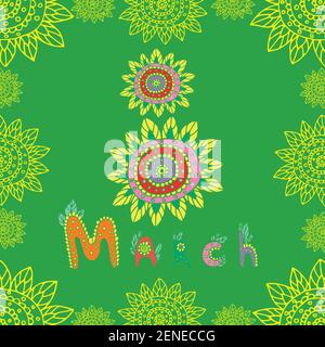 Day 8 of March Women s Day. Festive color card, doodle funny style. Decorative figure eight and the name of the month of March in patterns and colors, Stock Vector