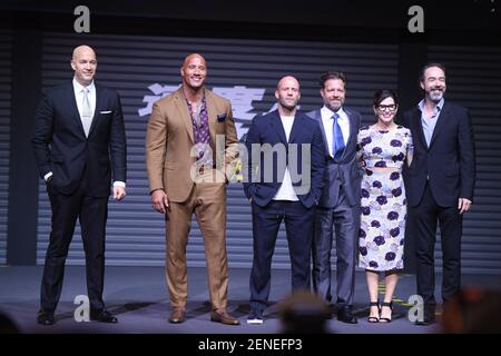 (From second left) American actor Dwayne Johnson, English actor Jason Statham, American film director David Leitch, attend a press conference for new movie 'Fast & Furious Presents: Hobbs & Shaw' in Beijing, China, 5 August 2019. (Photo by Cao ji - Imaginechina/Sipa USA)