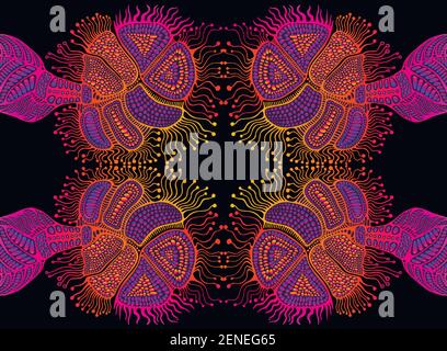 Artistic psychedelic trippy colorful mirror ornament, bright neon gradient colors isolated on black background. Decorative abstract element. Vector il Stock Vector