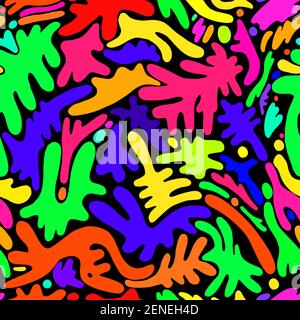 Abstract colorful psychedelic pattern, with decorative many different shape spots, seamless pattern, isolated on black background. Doodle style design Stock Vector