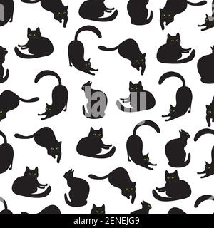 Black cats with green eyes in different poses, seamless pattern. Isolated on white background. Vector black and white texture with animals. Cartoon ca Stock Vector