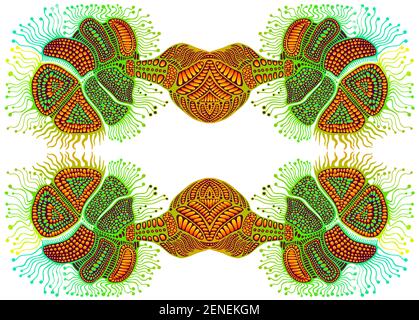 Psychedelic colorful mirror ornament, isolated on white background. Decorative abstract element. Vector illustration of shamanistic fantasy background Stock Vector