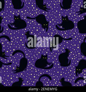 Black cat in different poses on a background of stars and dark blue background, cute seamless pattern. Vector surreal texture with animals. Cartoon co Stock Vector