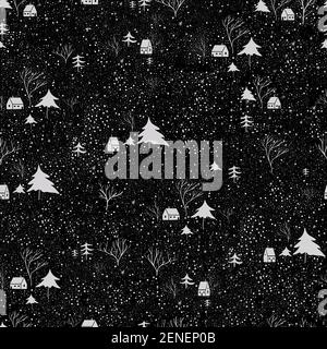 Magical winter seamless pattern with snowy houses, Christmas trees and trees, isolated on black background. Naive art vector texture. Doodle style cut Stock Vector