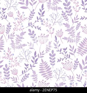 Gentle fantasy romantic seamless pattern, naive flower with leaves, wild flowers, spring, summer time, nature in bloom. Pastel lilac colors, isolated Stock Vector