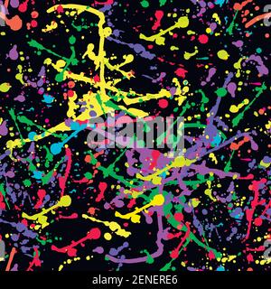 Bright abstract colorful splatter seamless pattern, isolated on black background. Vector grunge texture. Stock Vector