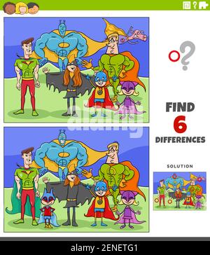 Cartoon illustration of finding the differences between pictures educational game for kids with funny super hero characters Stock Vector