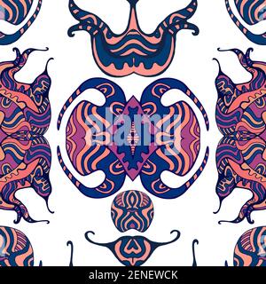 Fantastic colorful abstract patterns seamless pattern isolated on a white background. Surrealistic background with tribal original elements background Stock Vector