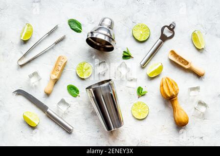 Flat lay of bar accessories and ingredients for mojito cocktail Stock Photo