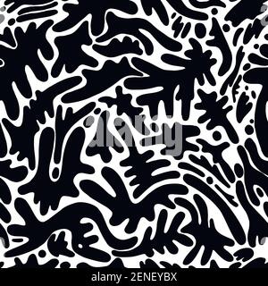 Abstract cartoon black and white pattern, with decorative many different shape spots, seamless pattern, isolated on white background. Doodle style des Stock Vector