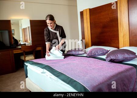 Hotel cleaning staff doing an excellent job, hotel maintenance Stock Photo