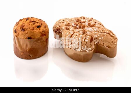 Panettone and Easter dove, traditional Italian Christmas and Easter cakes, isolated on white background Stock Photo