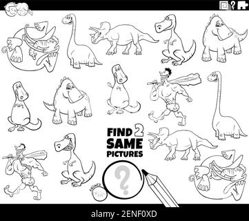 Black and white cartoon illustration of finding two same pictures educational game for children with dinosaurs and prehistoric characters coloring boo Stock Vector