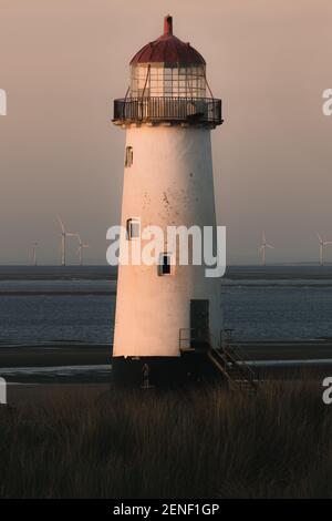 On the beach at Talacre in north Wales is the Point of Ayr Lighthouse. A grade II listed building built in 1776. It is Wales' oldest lighthouse. Stock Photo