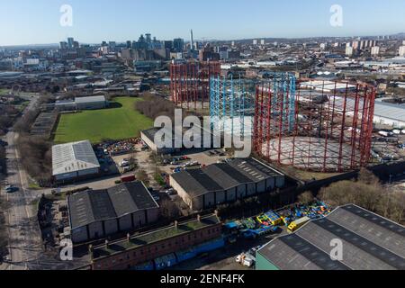 Birmingham, West Midlands UK. 26th February 2021. The last three gas holders in Birmingham, UK are to be dismantled over the coming months starting this month. The dominant structures are viewable from the M6 at Spaghetti Junction and around the Nechells area. The holders were famously painted the colours of nearby Aston Villa Football Club after the engineer in charge of maintenance opted for the colours of his favourite team. Credit: Stop Press Media/Alamy Live News Stock Photo