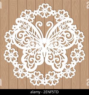 A wreath of flowers and a butterfly pattern for laser cutting. Vector Stock Vector