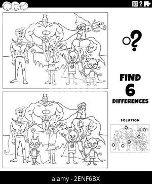 Black and white cartoon illustration of finding the differences between pictures educational game for kids with funny super hero characters coloring b Stock Vector