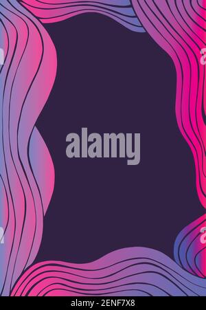 Bright psychedelic abstract waves frame, neon gradient pink lilac color. Doodle decorative element card. Vector hand drawn bohemian fantasy background Stock Vector