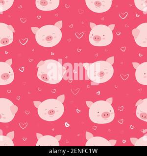 Seamless pattern with happy, funny faces of pigs, against the background of hearts, isolated pink background. Funny cartoon animals vector illustratio Stock Vector