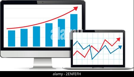 Realistic computer monitor and laptop mock up with analytics dashboards. Charts and graph. Stock Vector