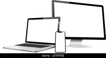 Laptop with computer screen and cellphone mockup Stock Vector