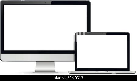 Computer display and laptop with blank white screen Stock Vector