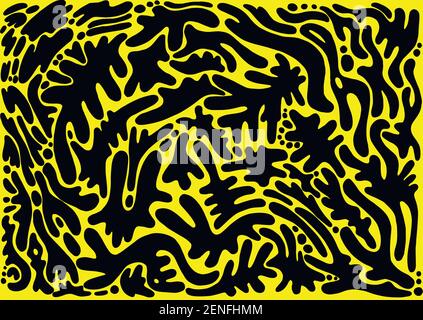 Abstract cartoon decorative pattern, with many different shapes spots black color, isolated on yellow background. Doodle style design. Vector hand dra Stock Vector
