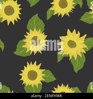 Seamless pattern with sunflowers on black background.  Vector background with yellow flower in cartoon flat design. Stock Vector