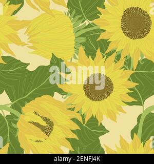 Seamless pattern with sunflowers on beige background. Vector backdrop with yellow flower in cartoon flat design. Stock Vector